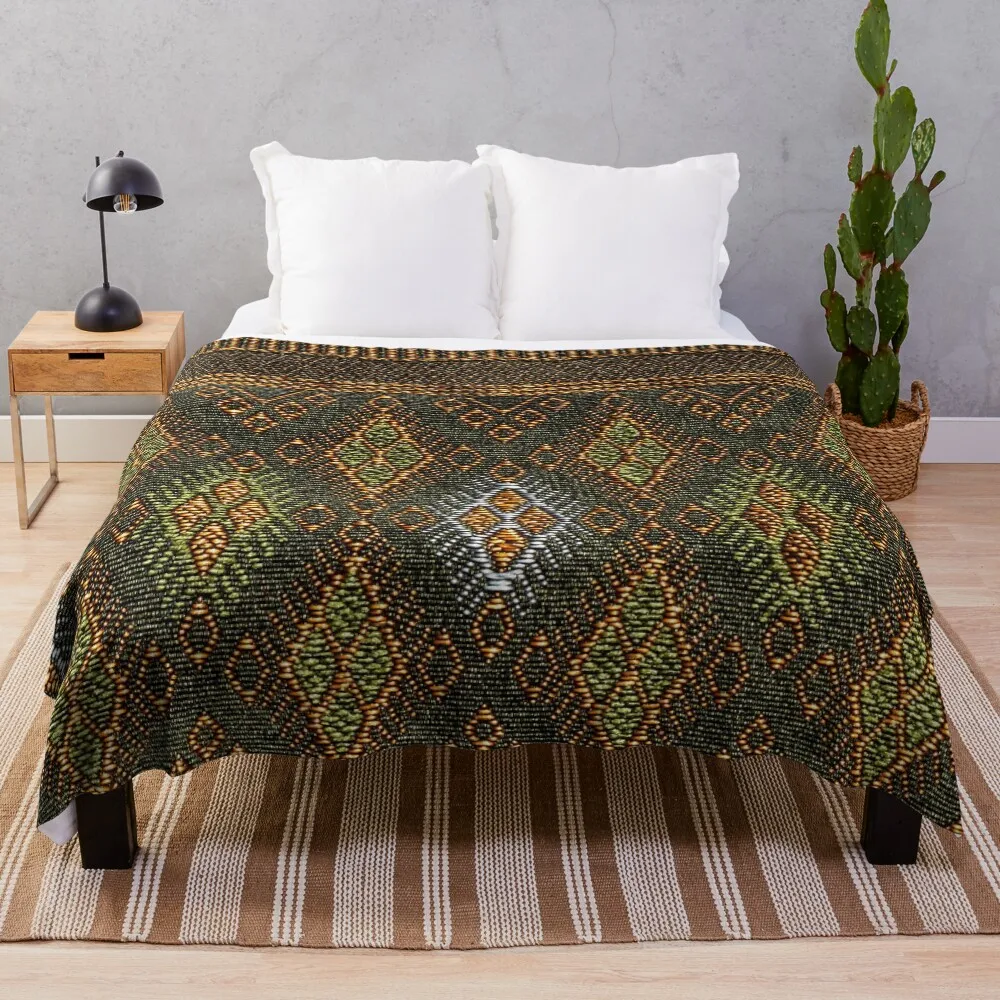 

Thai Silk - Green Gold Thai Traditional Silkworms Throw Blanket Ultra Plush Cozy Blanket for Napping Sleeping
