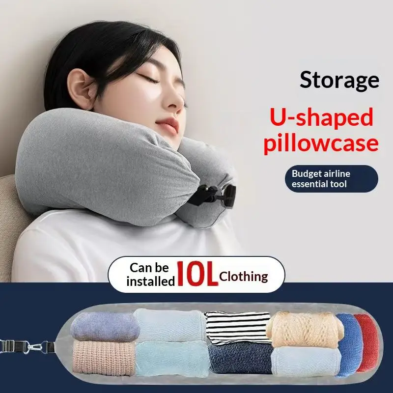 `Travel Neck Pillow With Fillable Clothing Storage Bag U-Shaped Pillowcase Crystal Fleece Neck Pillow Cover For Airplane Travel