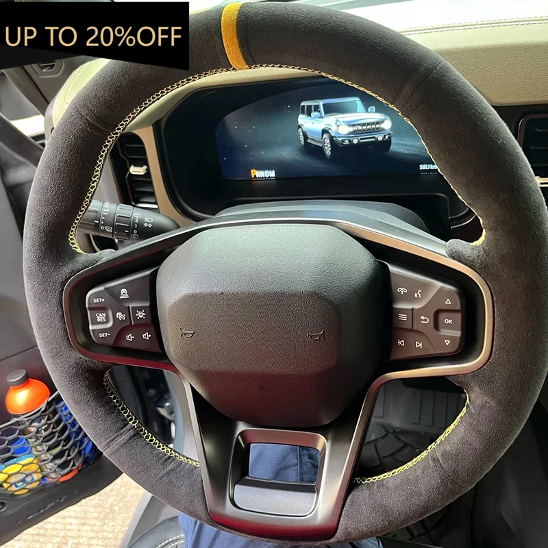 

DIY Customized leather suede hand sewn steering wheel cover For Ford Bronco Dedicated Full coverage Car handle cover