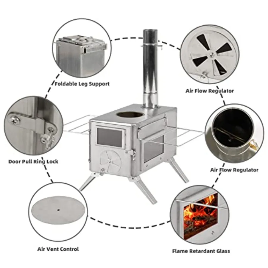 เตาเต็นท์แบบพกพาขนาดเล็กน้ำหนักเบาพร้อมโครงสร้างสแตนเลสและท่อปล่องไฟสำหรับทำอาหารและให้ความร้อนกลางแจ้ง