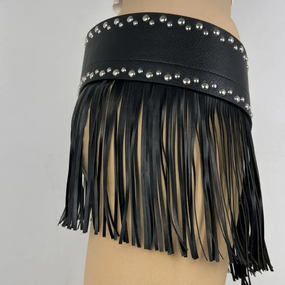 

Retro Black Rrivet Belt Punk Style Width Skirt Decoration Spicy Girl Fashion Pu Tassel Waistbands Female/Girls