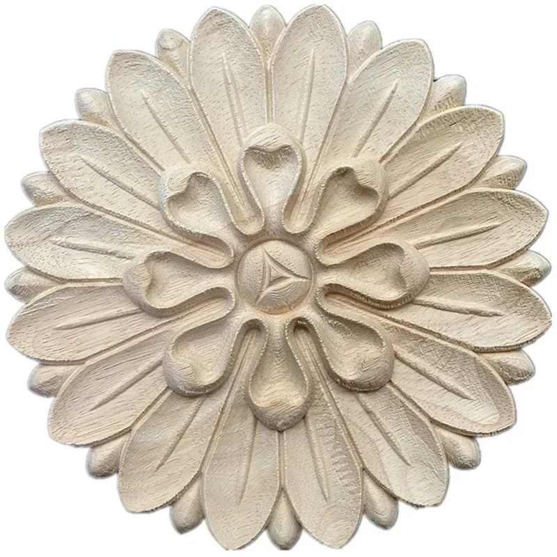 24cm Round Wood Applique Round Flower Exquisite Carving Natural Wood Appliques Corner Appliques Frame Wall Furniture Decoration