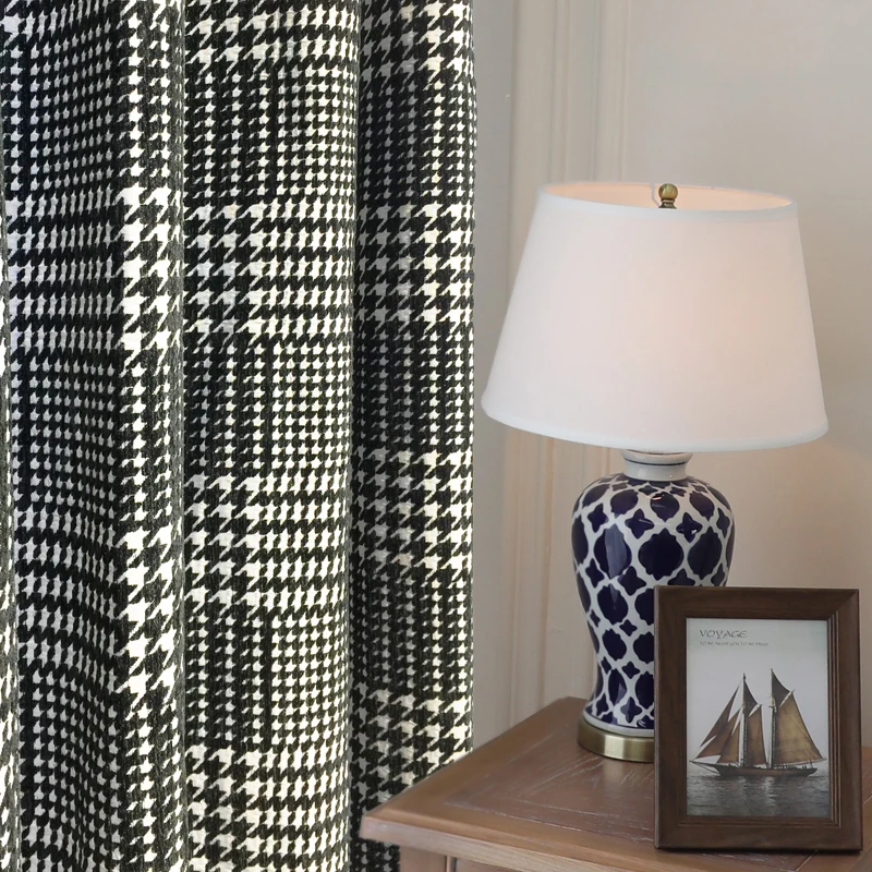 High-end Black and White Houndstooth Curtains, Nordic Chenille Jacquard Velvet Blackout Window Drapes for Living Room Bedroom