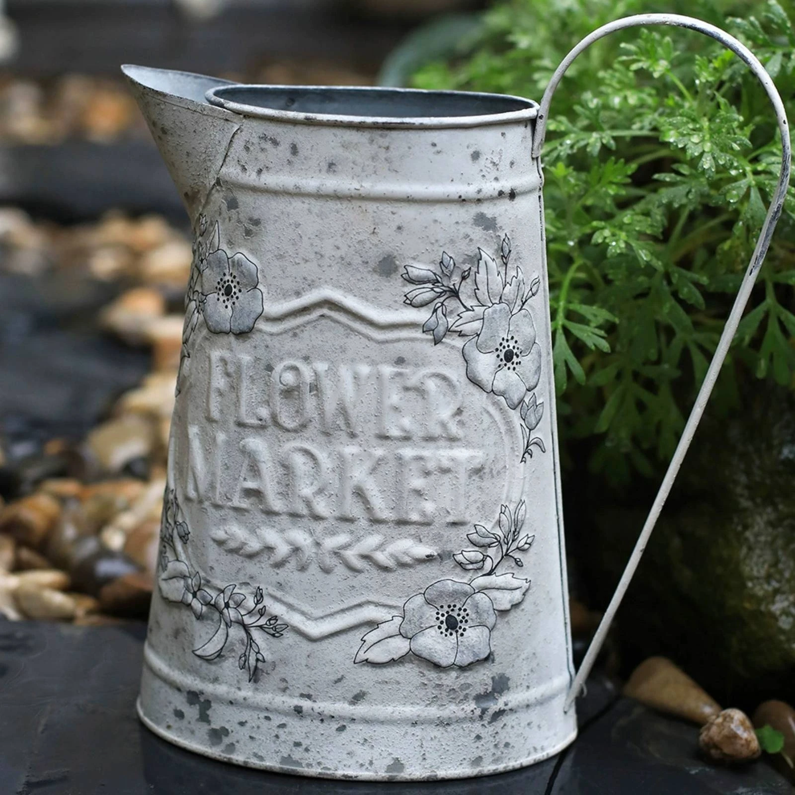 Rustic Iron Watering Can Distressed Finish Vintage Floral Watering Can Decorative Flower Container Embossed Text