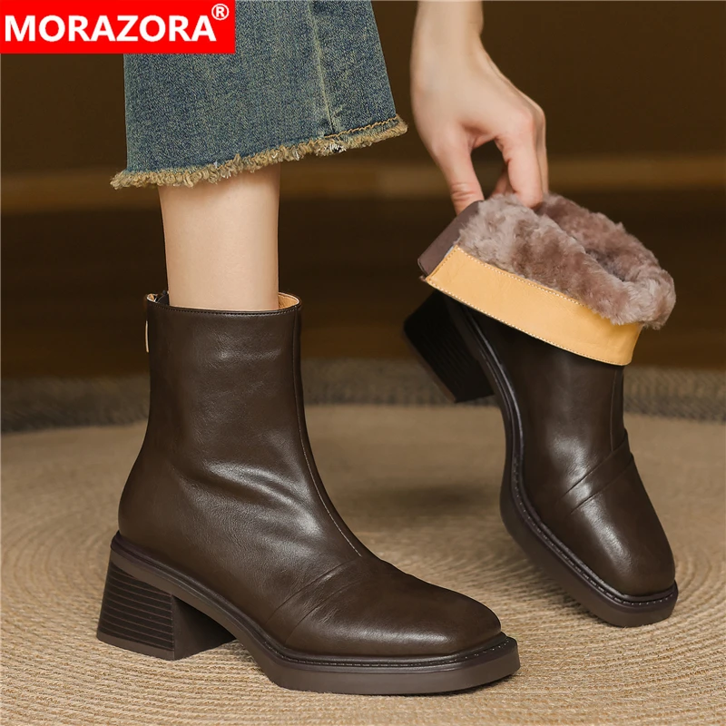 

MORAZORA Nature Wool Genuine Leather Winter Boots Women Zipper Chunky High Heels Ankle Boots Black Brown Fashion Warm Snow Boots