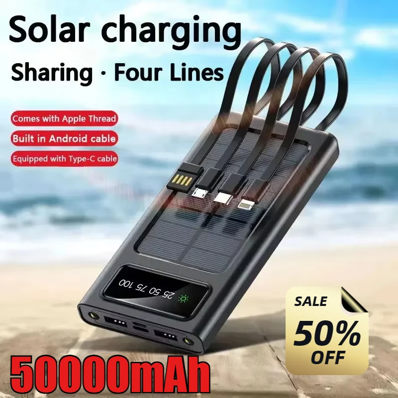 2025 Newest 50000mAh Portable Solar Power Bank with LED Light External Battery Charger Cases for iPhone Xiaomi Samsung Android