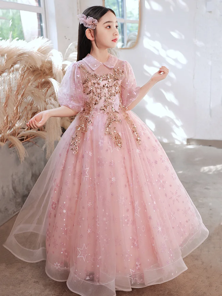 Gorgeous Party ball gown Flower girl Wedding Dress Children Pageant Gown Girls Princess long Dress Sequin Lace Girls Dress