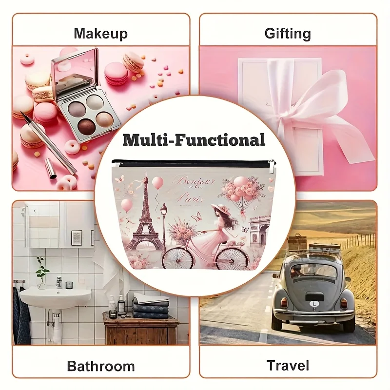 Un sac de maquillage de style Paris – jolie pochette multifonctionnelle à fermeture éclair pour femmes, sac de rangement de bijoux