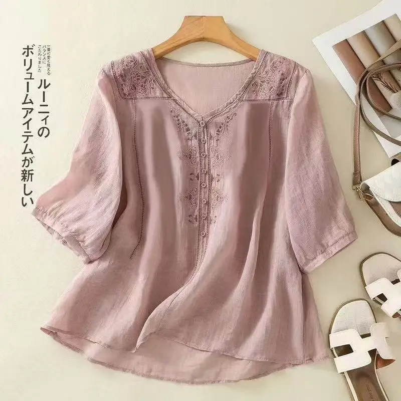 เสื้อย้อนยุค V คอปักฤดูร้อนหลวมวรรณกรรมเสื้อด้านบน