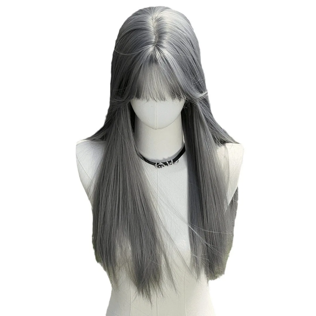 Grandma Gray Wig Stylish And Elegant With A Natural-looking Air Bangs And Long Straight Hair Seamless Realistic Full Hair Wig