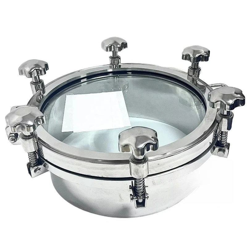 Flange de trappe sanitaire 400 mm, trappe avec trappe en verre, utilisation en distillerie, acier inoxydable SS304, trappe ronde à pression