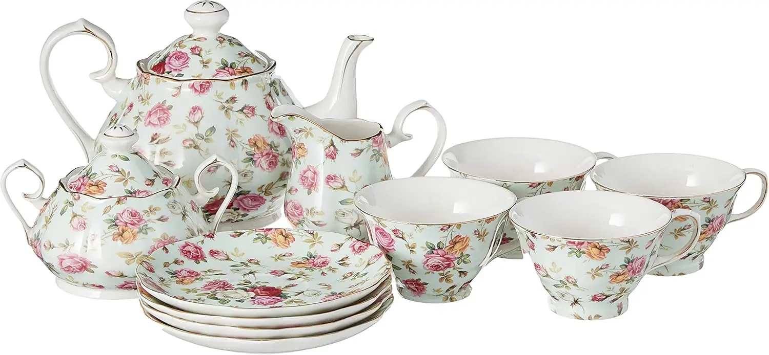 Gracie China by Coastline Imports Blue Cottage Rose Chintz 11-Piece Tea Set - TS-33701BL/11