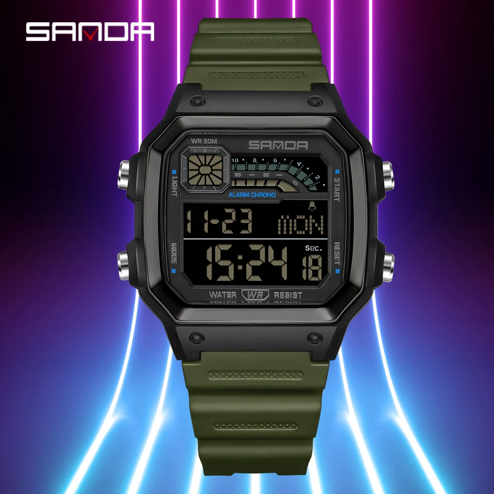 ساعة يد إلكترونية مربعة صغيرة للرجال من Fashion SANDA 6196، عد تنازلي رياضي مقاوم للماء، ساعة رقمية إلكترونية للطلاب