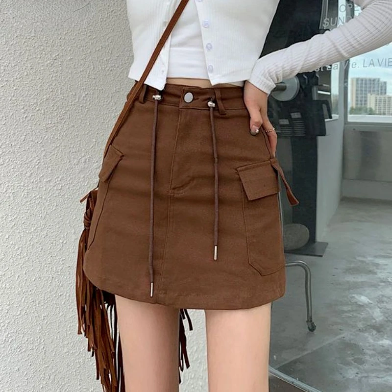 Denim Skirts Women Summer Solid Vintage Korean Style Fashion All-match Drawstring High Waist Pockets Daily Casual Simple Chic
