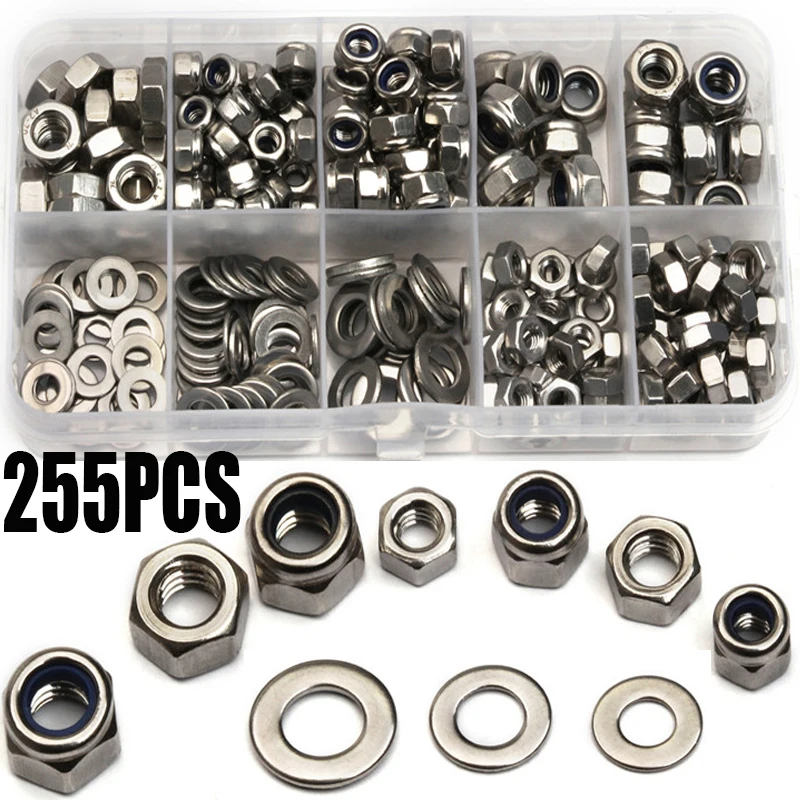 

255PCS/set M4/M5/M6 Stainless Steel Hexagon Screw Nuts Washer Kit With Flat Washer Plain Washer Gaskets Assortment Kit