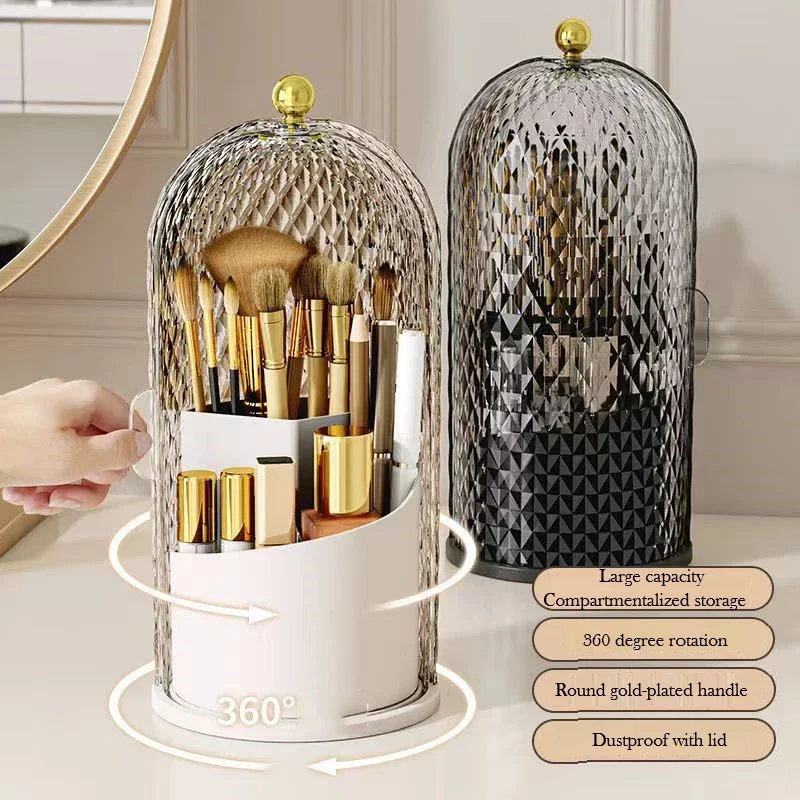 Makeup Brush Holder with Lid Diamond Birdcage 360° Rotating Makeup Organizer Dustproof Cosmetics Storage Box Lipstick Container