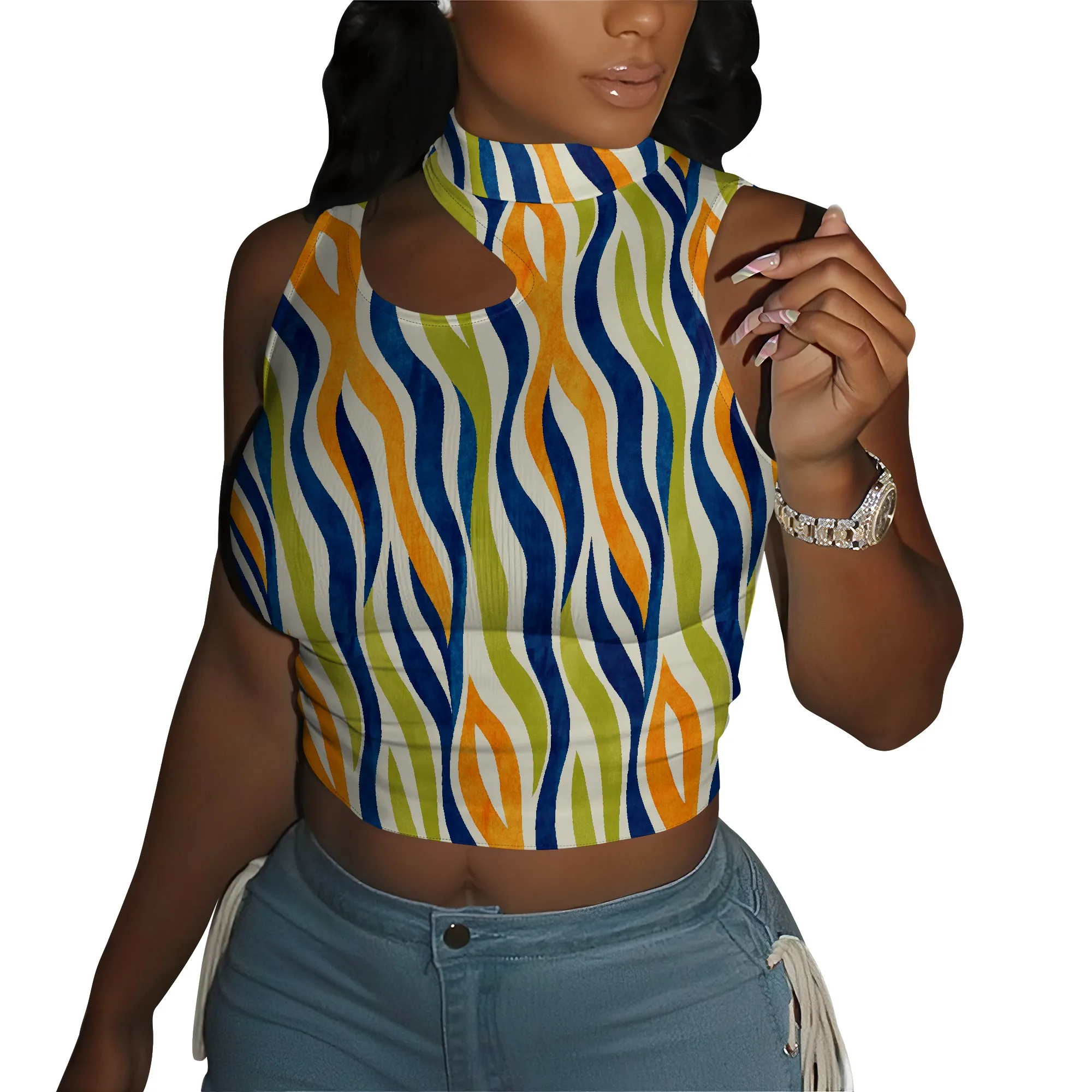 

Womens Summer Halter Tops Cutout Sleeveless Crewneck Racerback Ribbed Knitted Crop Tank Top