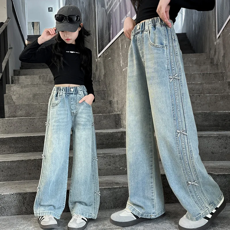 

New Design Spring Kids Jeans with Bow on The Side for Teenage Girls Casual Straight Cut Denim Pants Vintage Children Trousers