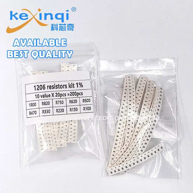 Kit de resistores SMD sortidas, 1% 1206, 10 Valor, 1R00, R820, R750, R620, R500, R470, R330, R220, R150, R100, 200pcs Set
