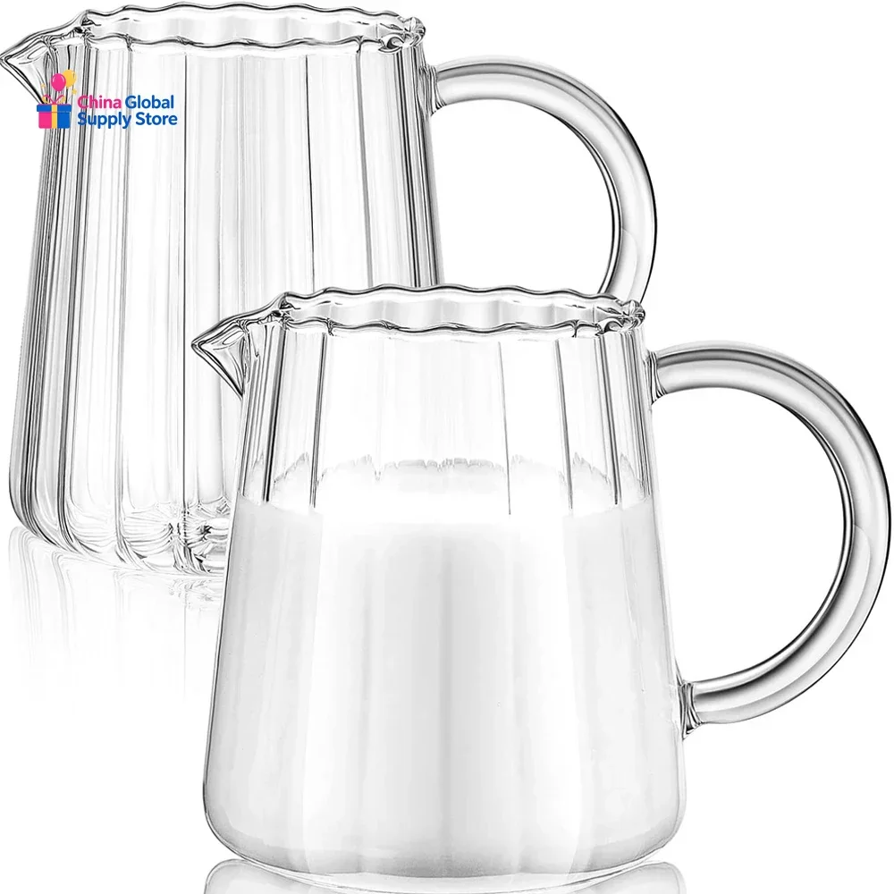 2 Pcs Glass Pitcher - Elegant Shaped Creamer, Tea, Coffee, Milk Frothing Pitcher - Wave Style, 250 ml