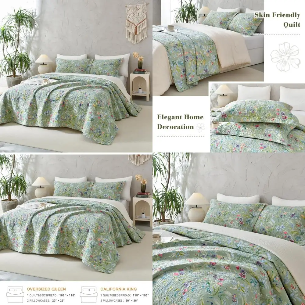 

Green Floral Oversized Queen Quilt Set - 100% Cotton, Summer Design with Flowers, Birds, and Butterflies