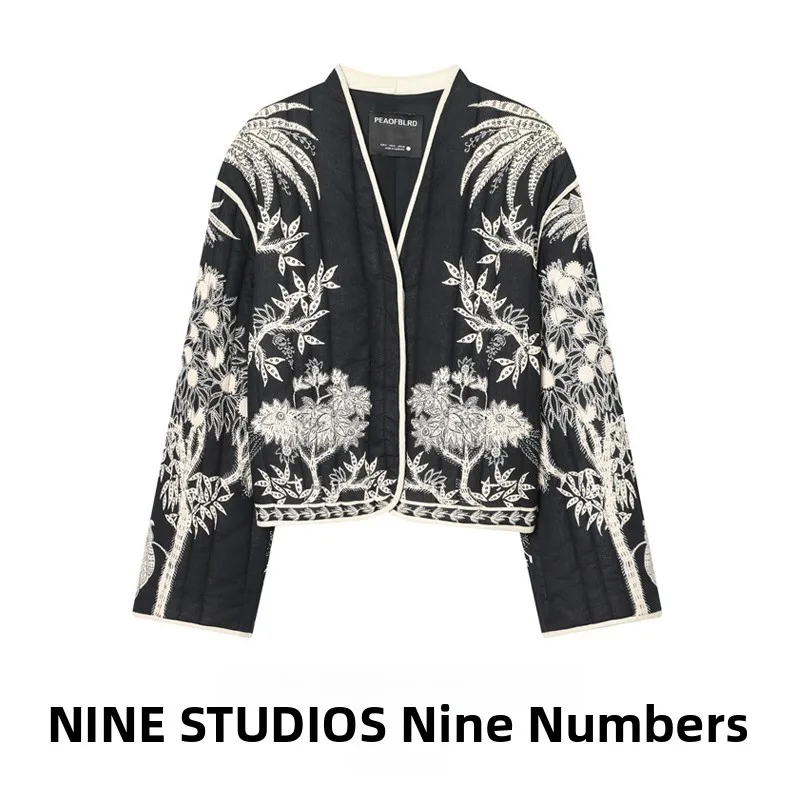 

Street Sle Women's ort Jaet V-ne Printed Casual Quilted Coat Top Warm Long Sve Floral Pattern Chinese Origin