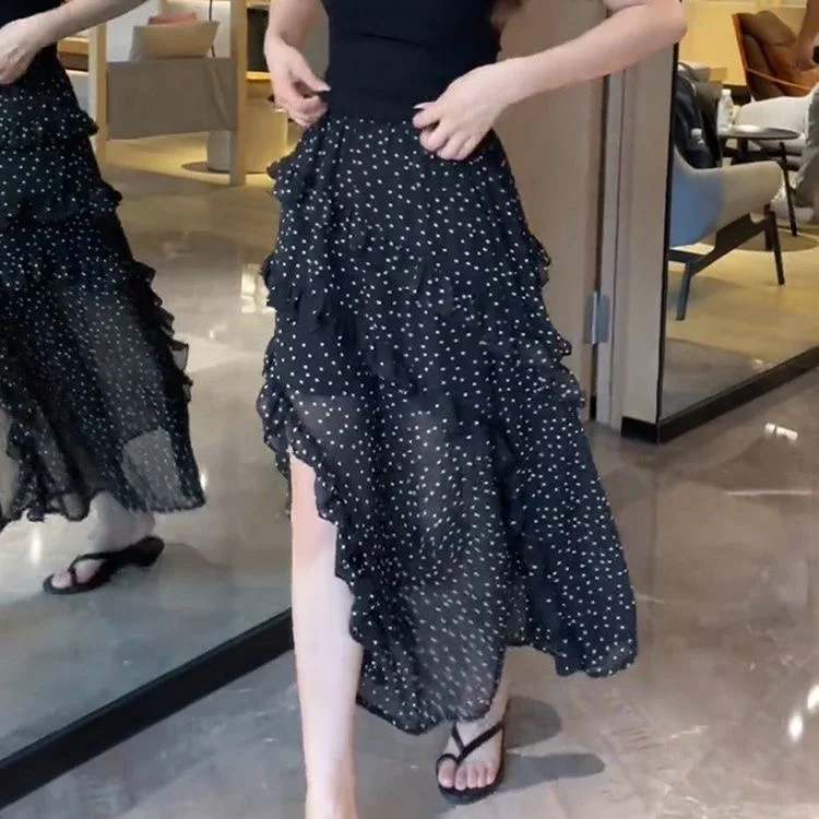 

Polka Dot Asymmetrical Half Skirt Women's Summer New Elastic Waist Slimming Black Split mid Length Skirt Commute Style Casual...