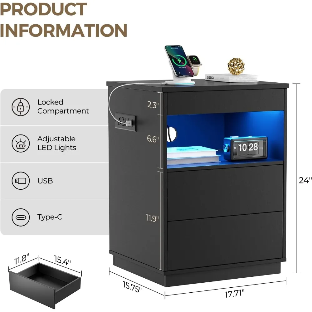 منضدة قفل حديثة مع حجرة مخفية وشحن USB/Type-C وأضواء LED ودرج تخزين المسدس - طاولة آمنة بجانب السرير