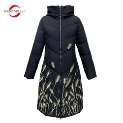 MODERN NEW SAGA Winter Women Coat Hooded Thick Cotton Padded Coat Parka Female Embroidery Puffer Jacket Plus Size Long Coats