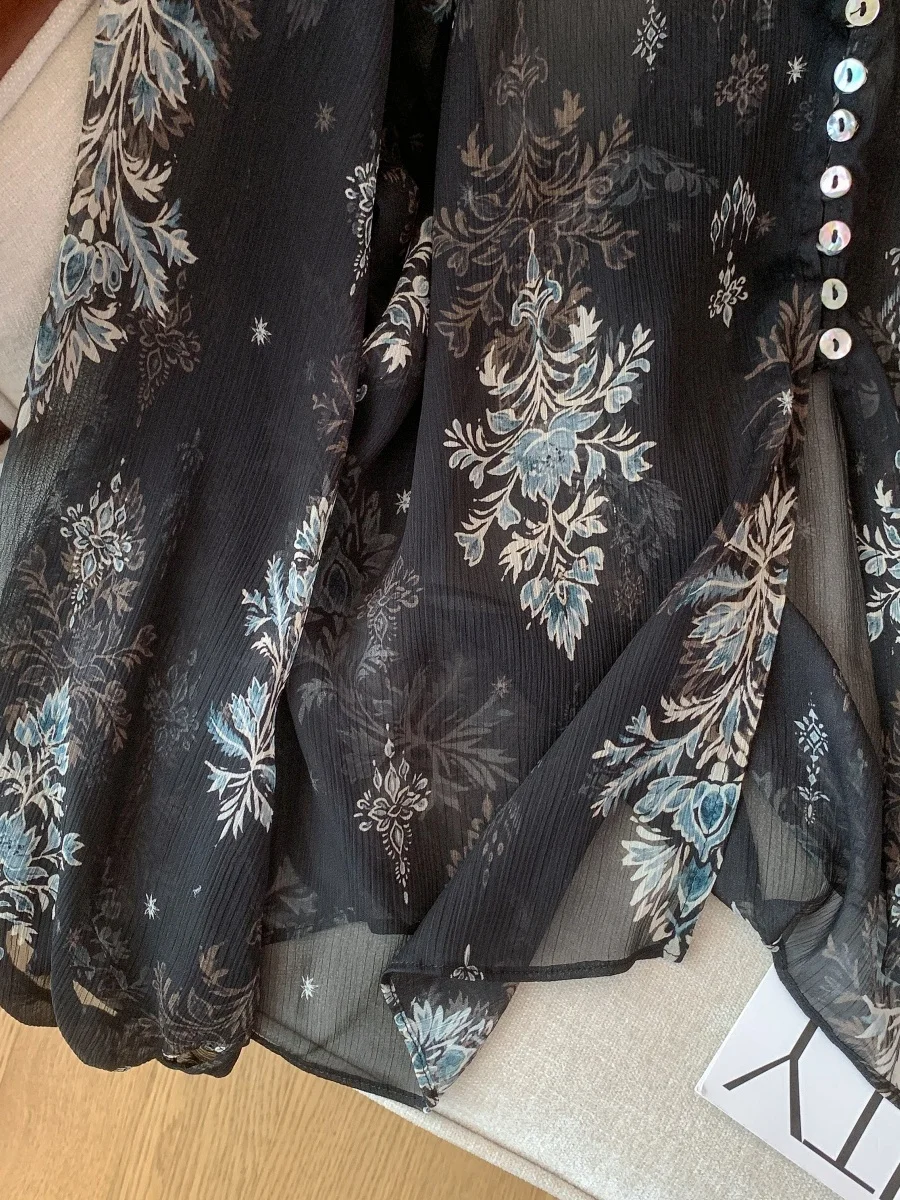 럭셔리 브이넥 긴팔 쉬폰 자수 탑 여성 패셔너블 베이스 셔츠 루즈핏 랜턴 슬리브 코튼 거즈