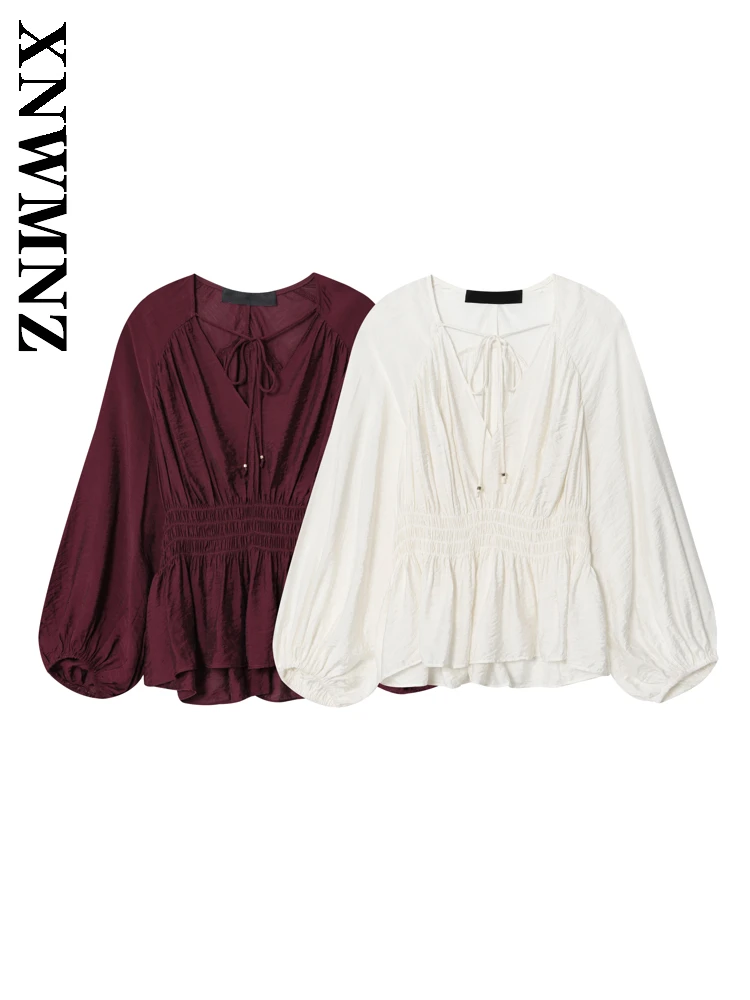 

XNWMNZ 2025 Summer New Product Woman's Casual Chic Long Sleeve V-Collar wrinkle Top Simple Fashion Woman Shirt Tie