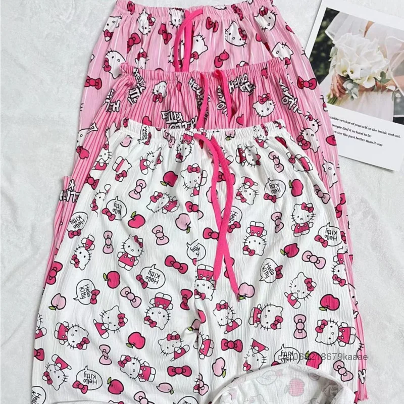 Sanrio Hello Kitty Female Summer Pink Sleepy Pants Sweet Y2k Girl Trend Cute Printed Home Pants Loose Straight Tube Casual Pants