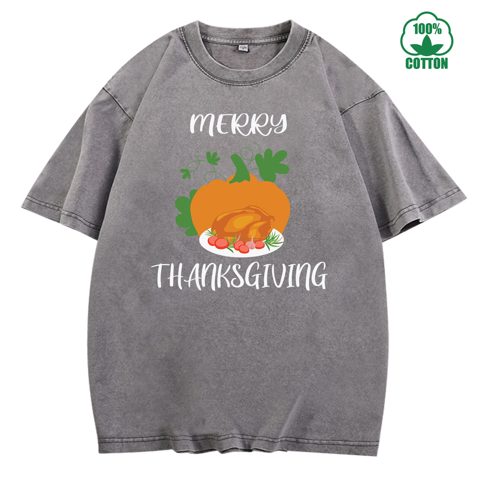 تي شيرت Merry Thanksgiving Vintage مغسول 230 جرام 100% قطن للجنسين مريح كبير الحجم ملابس الشارع