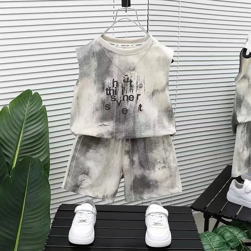 الصيف أكمام القطن دعوى شخصية التعادل صبغ Vset + قصيرة 2 قطعة طفل الفتيان الفتيات ملابس رياضية الاطفال الملابس بوتيك الكورية