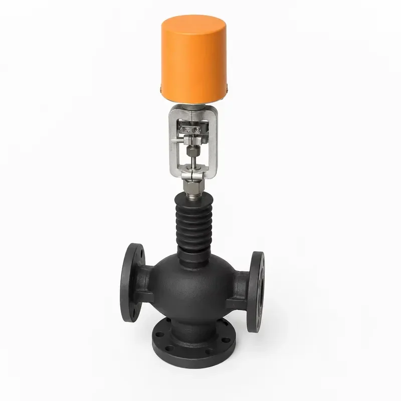 Three Way Electric Globe Control Valve Bellows Seal Automated Mixing Diverting Chemical Pipeline Flanged Connection