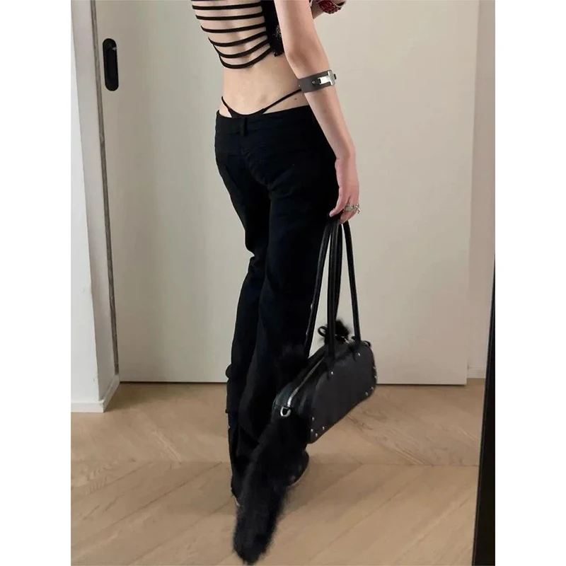 American Retro Black Design with Rivet Horn Gothic Jeans Harajuku 90s Low Waist Slim Fit Wide Leg Street Y2K Women's Pants