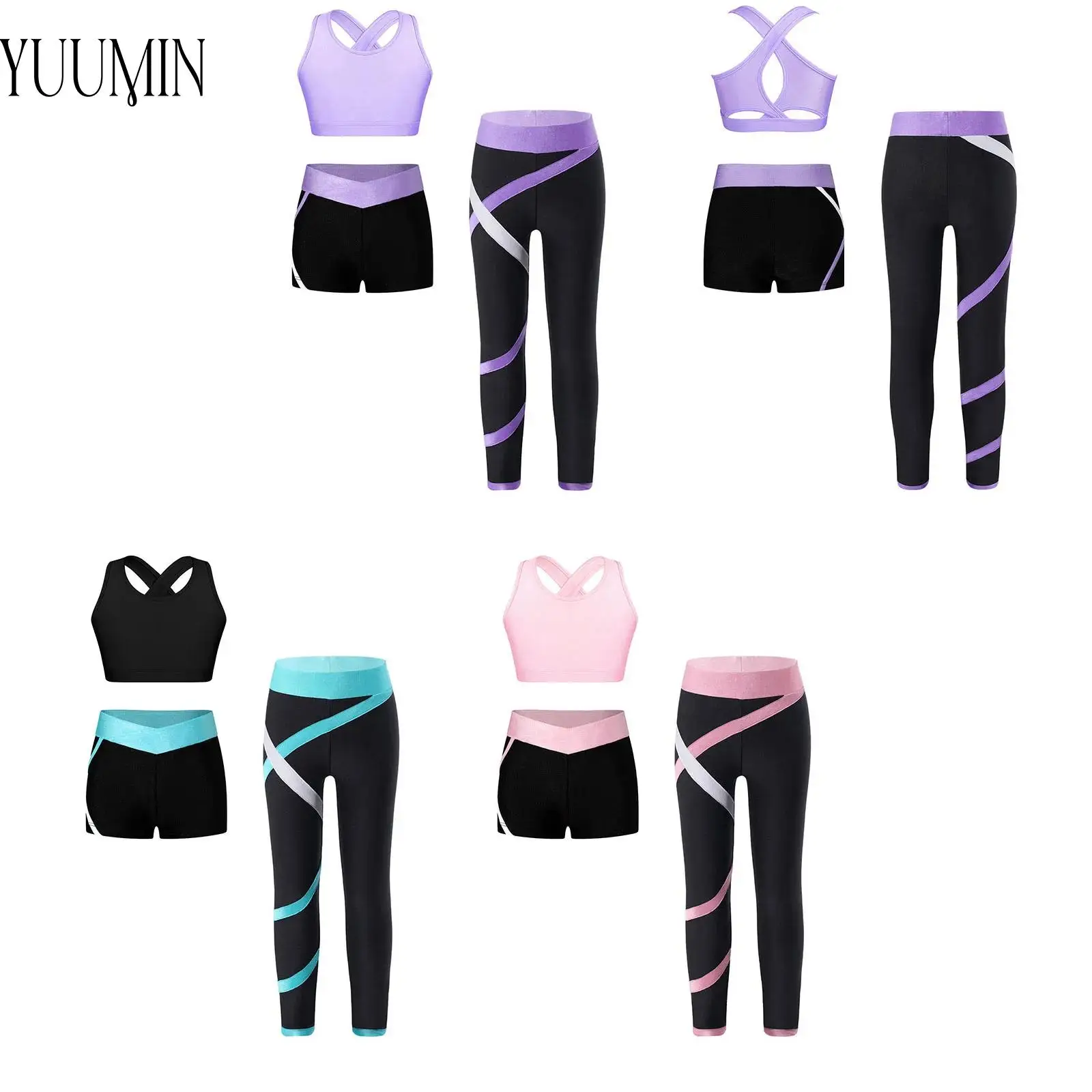 

6-16 Kids Girls 3Pcs Sport Yoga Set Cross Back Keyhole Cropped Vest with Contrast Color Pants Shorts for Fitness Gym Jumpsuit