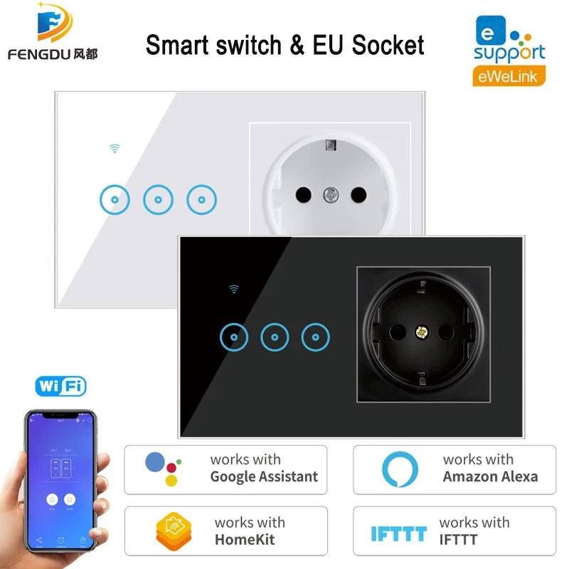 

eWelink Wi-Fi умный светодиодный выключатель 1 2 3 группы сенсорный настенный таймер вилка европейского стандарта электрическая розетка работает с Google Home Alexa