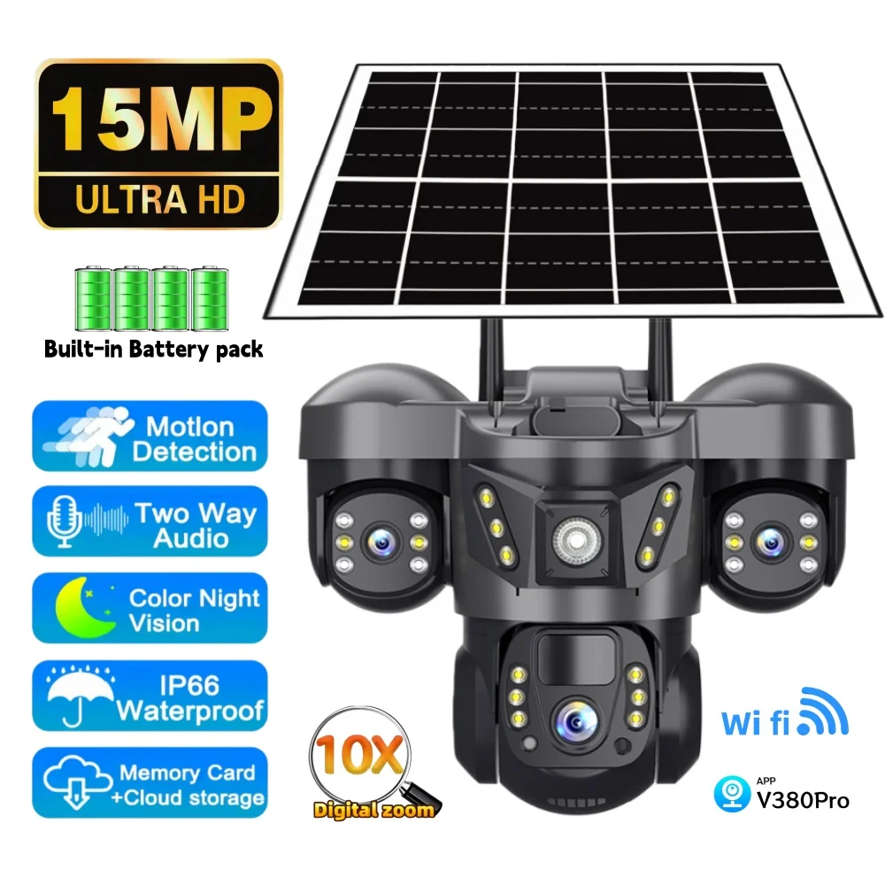 

WIFI Security Solar Camera V380Pro Surveillance Outdoor Triple Screen 360° View Auto Tracking Smart Home Wireless CCTV IP Camera