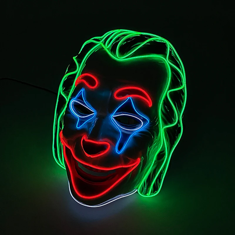 Maschera da clown a LED Maschera a tema spaventoso Costume da clown cosplay spettrale Puntelli Maschera divertente incandescente per uomo Maschera da clown dai capelli verdi Maschera rossa