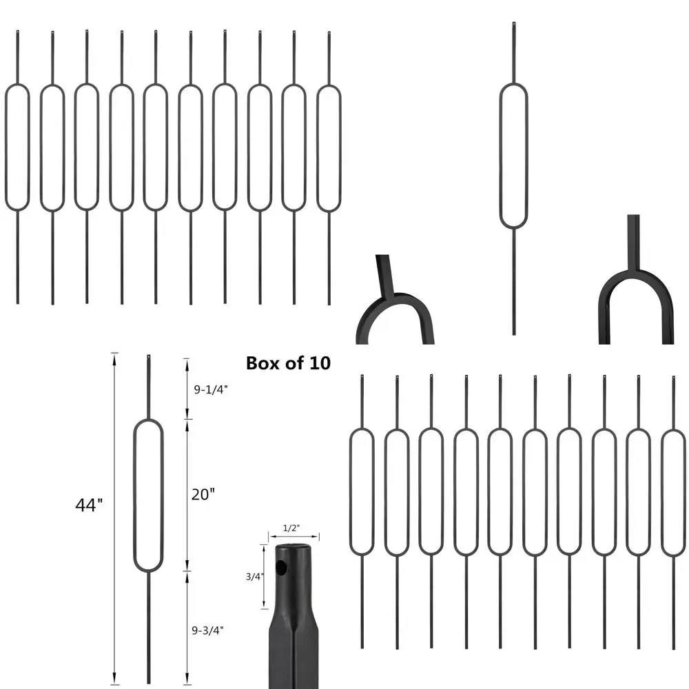Conjunto de 10 balustres de ferro forjado para deck e trilhos de escada em espiral, eixos ovais únicos ocos de 1/2 polegadas em acabamento preto acetinado