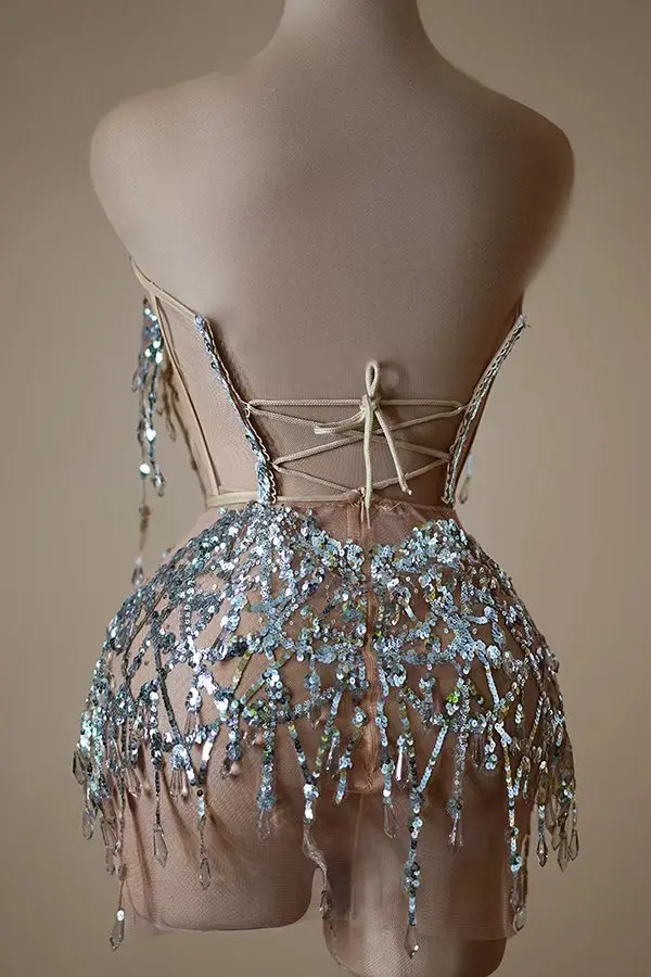 Vestido brillante de lentejuelas transparentes de malla sin mangas para mujer, ropa de club nocturno, traje de Pole Jazz Queen, disfraz de escenario de bailarina