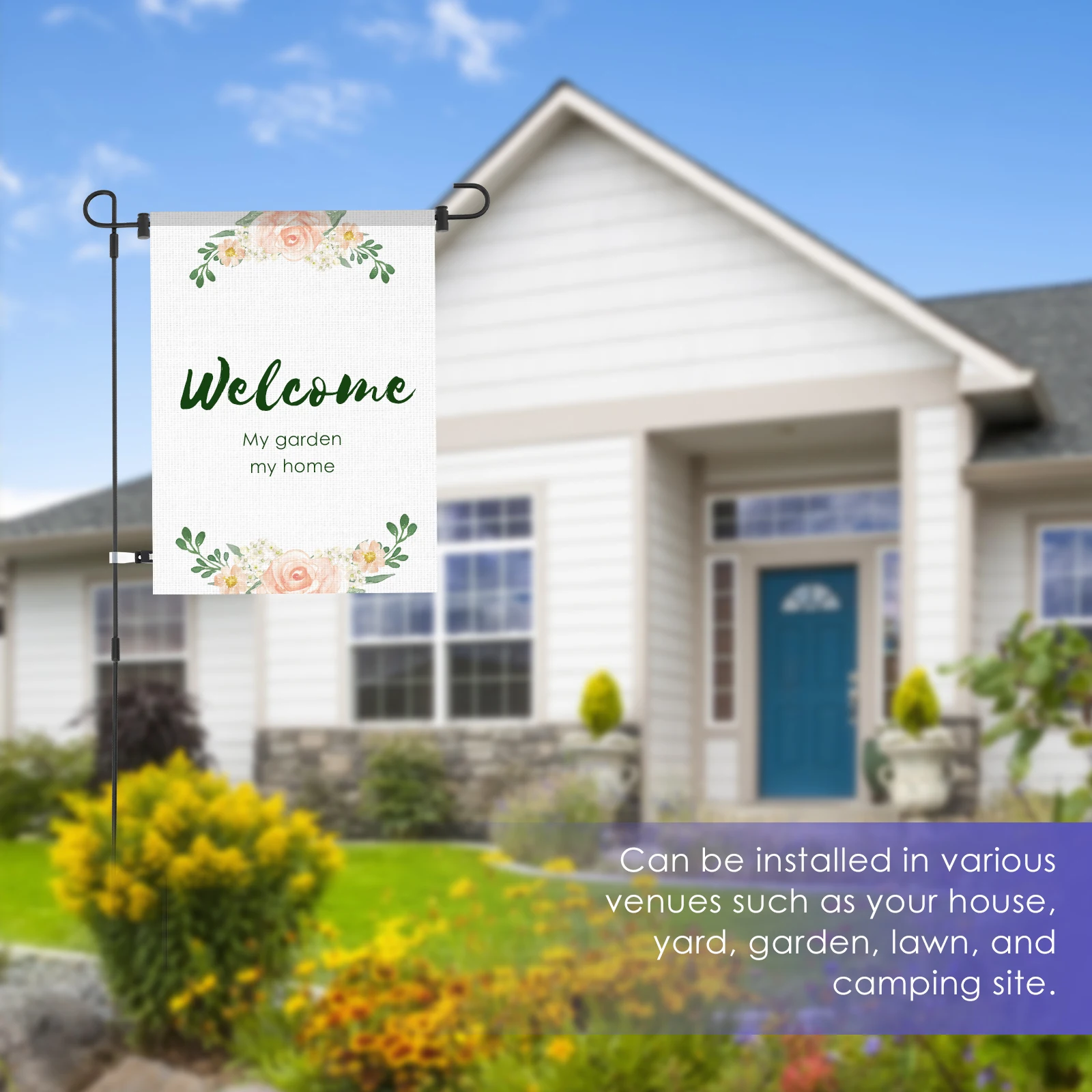حامل علم الحديقة مقاس 34 بوصة أعمدة علم من الحديد المطاوع لأعلام 13 بوصة مقاومة للصدأ مع مشابك مضادة للرياح لحديقة الحديقة الخارجية