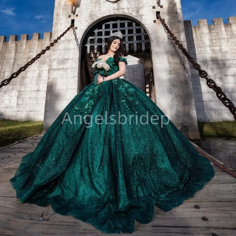 

Angelsbride 2025 Emerald Green Ball Gown Quinceanera Dresses With Shiny Tulle Sequined 3D Flora Vestidos De 15 Años Lace Up