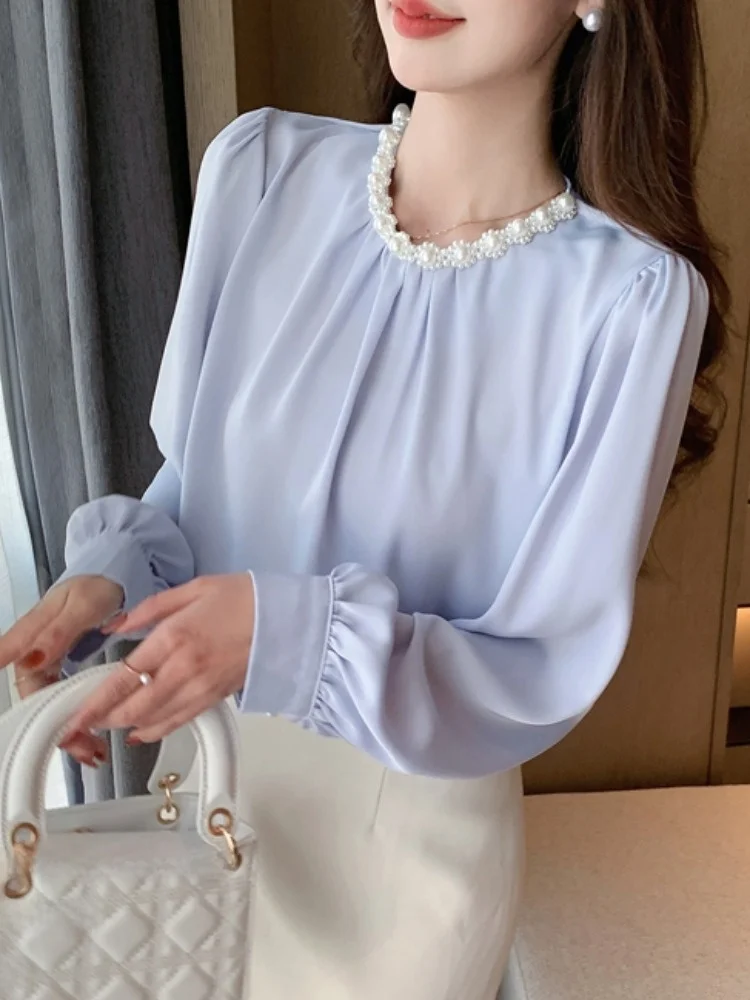 

Ацетатный атласный свободный женский топ для весны и осени, профессиональная базовая одежда, с бисером, длинными рукавами, круглым вырезом, для повседневной носки