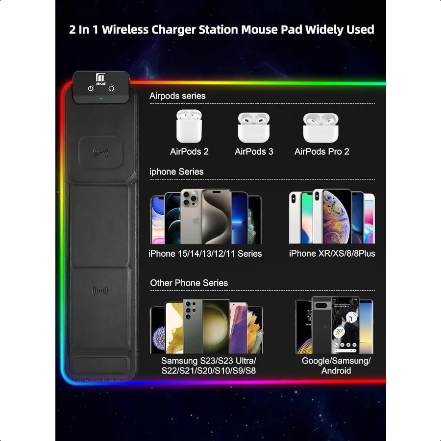 لوحة ماوس XXL مع حامل هاتف، حصيرة مكتب RGB سوداء مع شحن سريع 15 وات، لوحة ماوس ألعاب LED مع 11 لونًا فاتحًا مقاومة للماء N