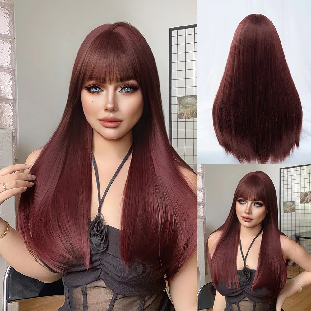 

24Inch Deep Red Synthetic Wigs With Bang Long Natural Straight Hair Wig For Women Daily Use Cosplay Drag Queen Heat Resistant