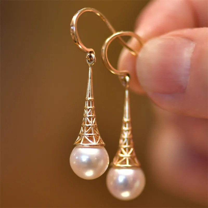 Elegant Fashion 14k Gold Filled Pagoda Dangle Earrings For Women Inlaid Imitation Pearl Drop Earring Wedding Bride Jewelry