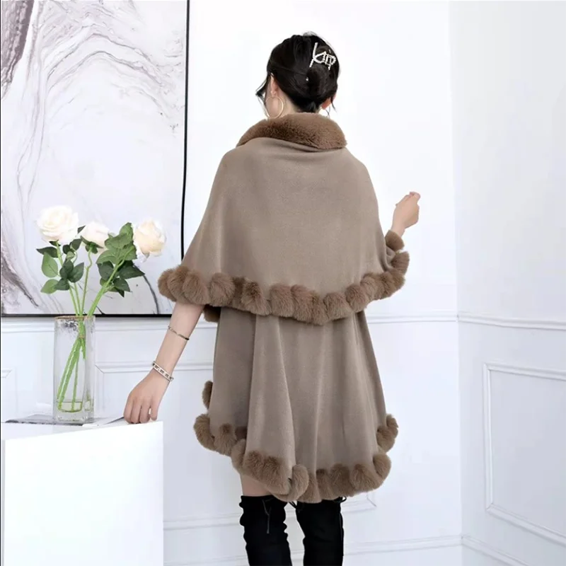 Fall/Winter Imitation Fox Fur Cloak Knitted Cardigan Jackets Women's Overcoat Fur Outside Loose Double-Layer Long Warm Shawl