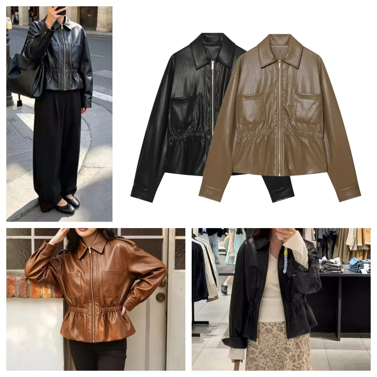 Guobioziy 2026 Women's New Two Tone Fitted Leather Jacket Stylish and Versatile Elegant and Graceful Casual and Simple